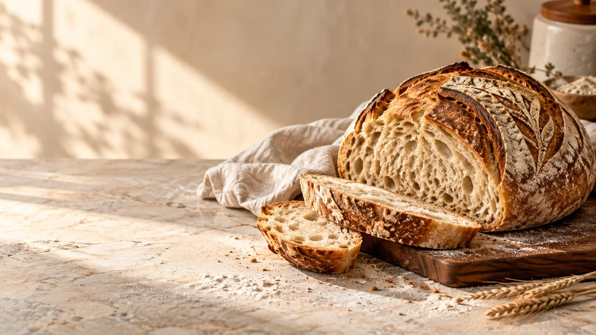 Artisan sourdough loaf scored and baked in warm editorial light